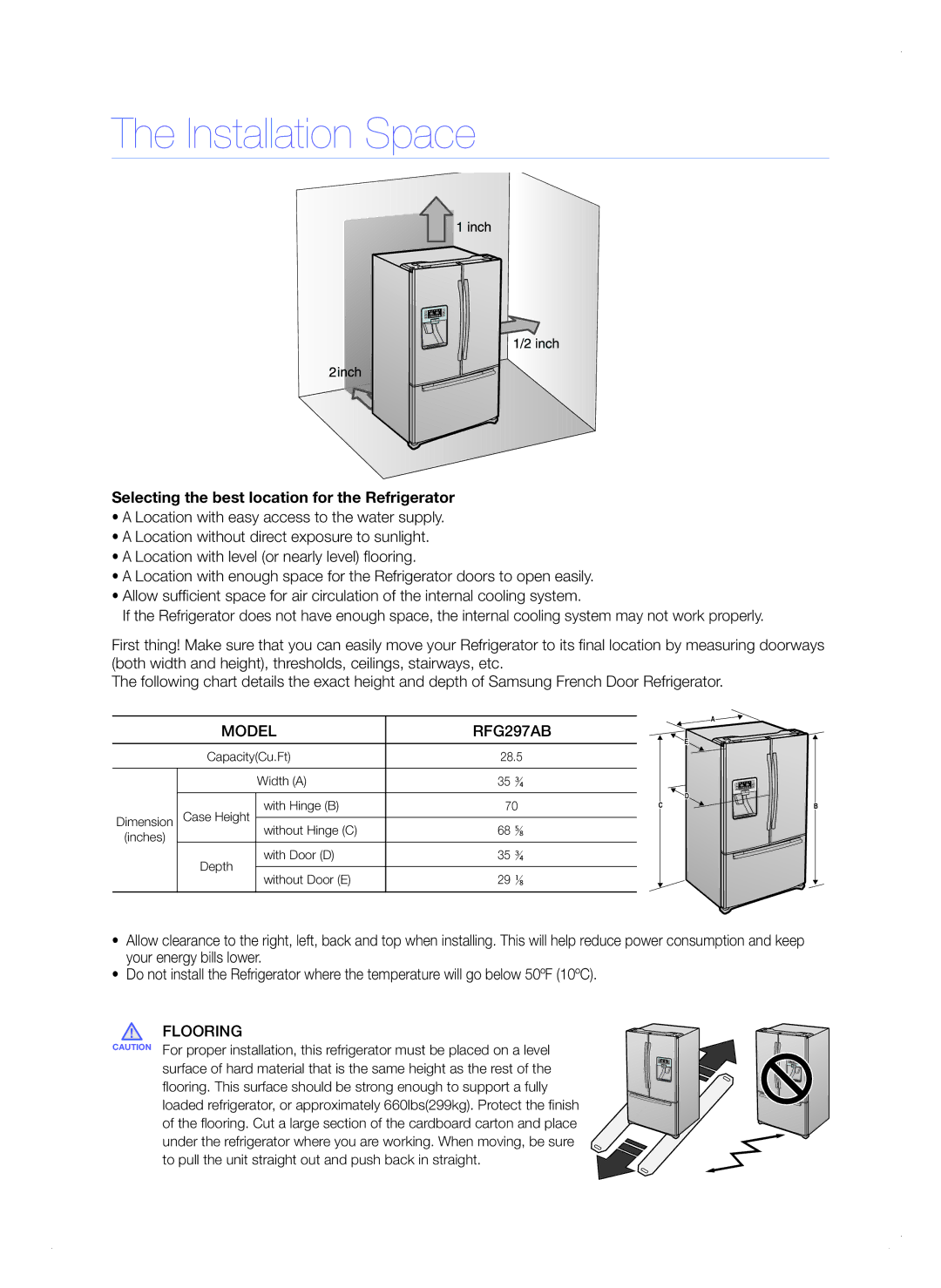 Samsung RFG297AB quick start Installation Space, Selecting the best location for the Refrigerator 