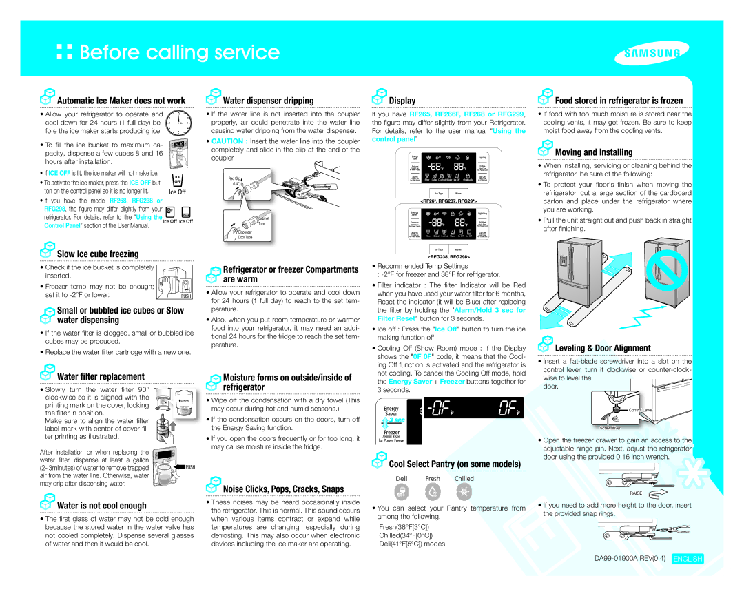 Samsung RFG297ABPN/XAA manual Automatic Ice Maker does not work, Slow Ice cube freezing, Water filter replacement, Display 