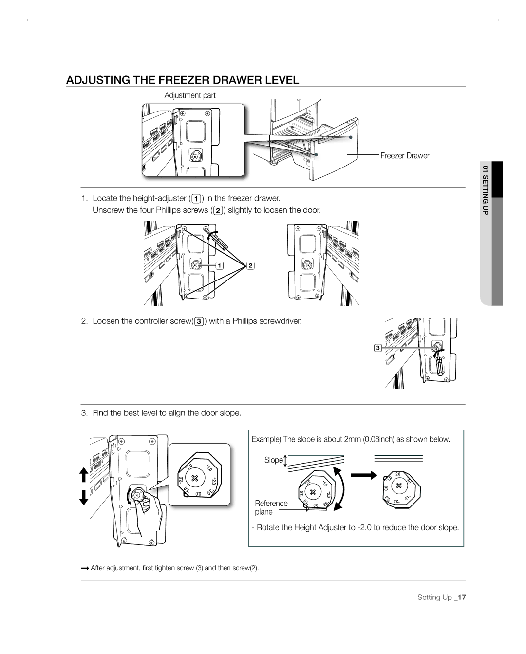 Samsung RFG297ACBP user manual Adjusting the Freezer Drawer Level 