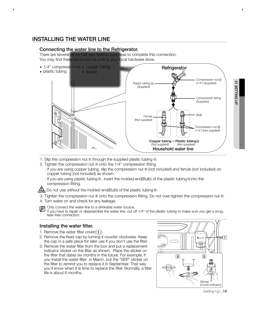 Samsung RFG297AC Installing the Water Line, Connecting the water line to the Refrigerator, Installing the water filter 