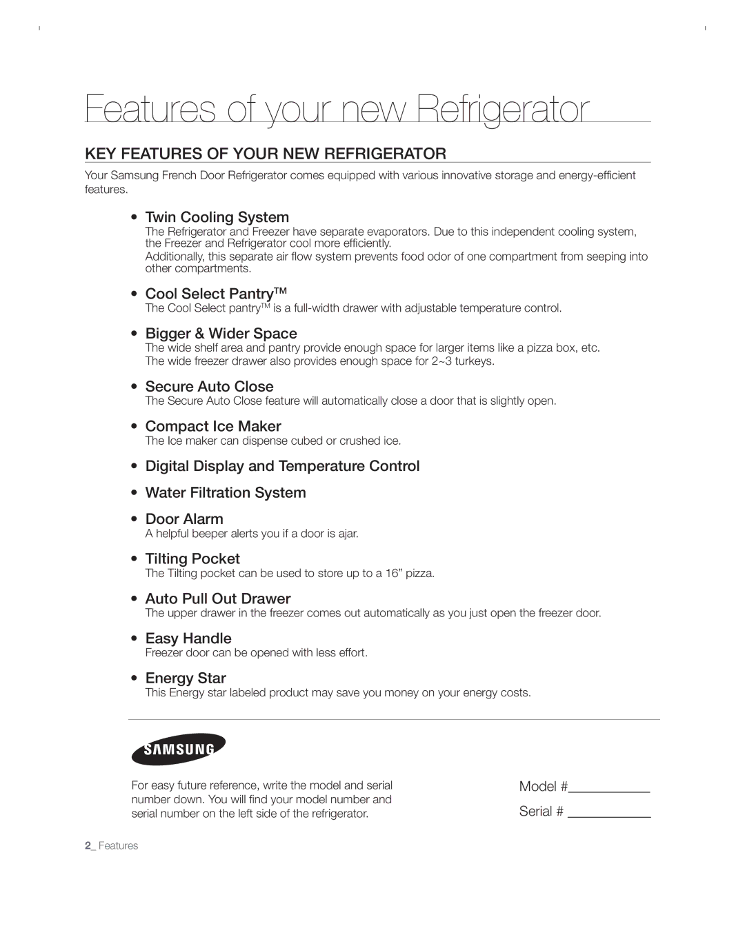 Samsung RFG297ACBP user manual Key features of your new refrigerator, Model #, Serial # 