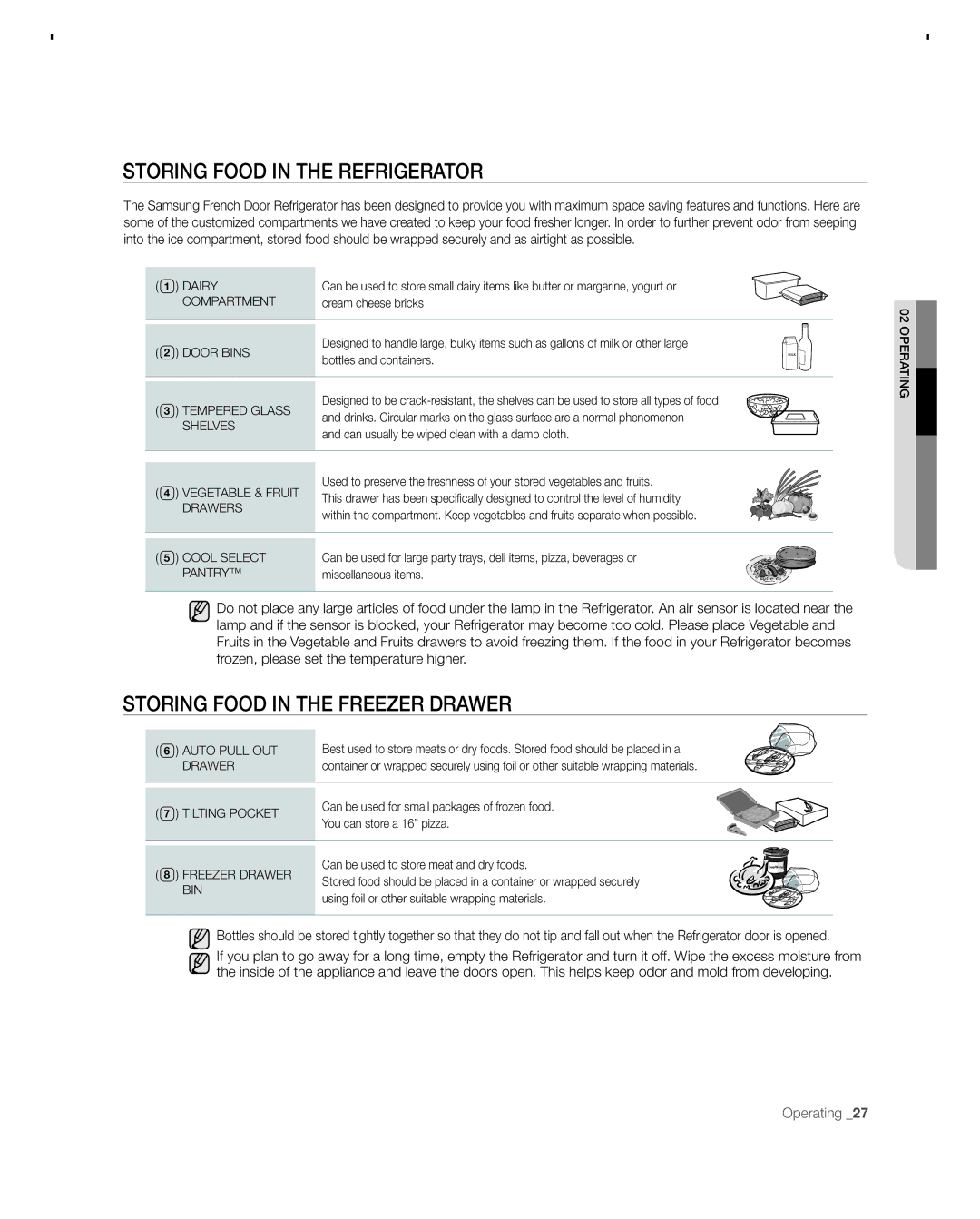 Samsung RFG297ACBP user manual Storing Food in the Refrigerator, Storing Food in the Freezer Drawer 