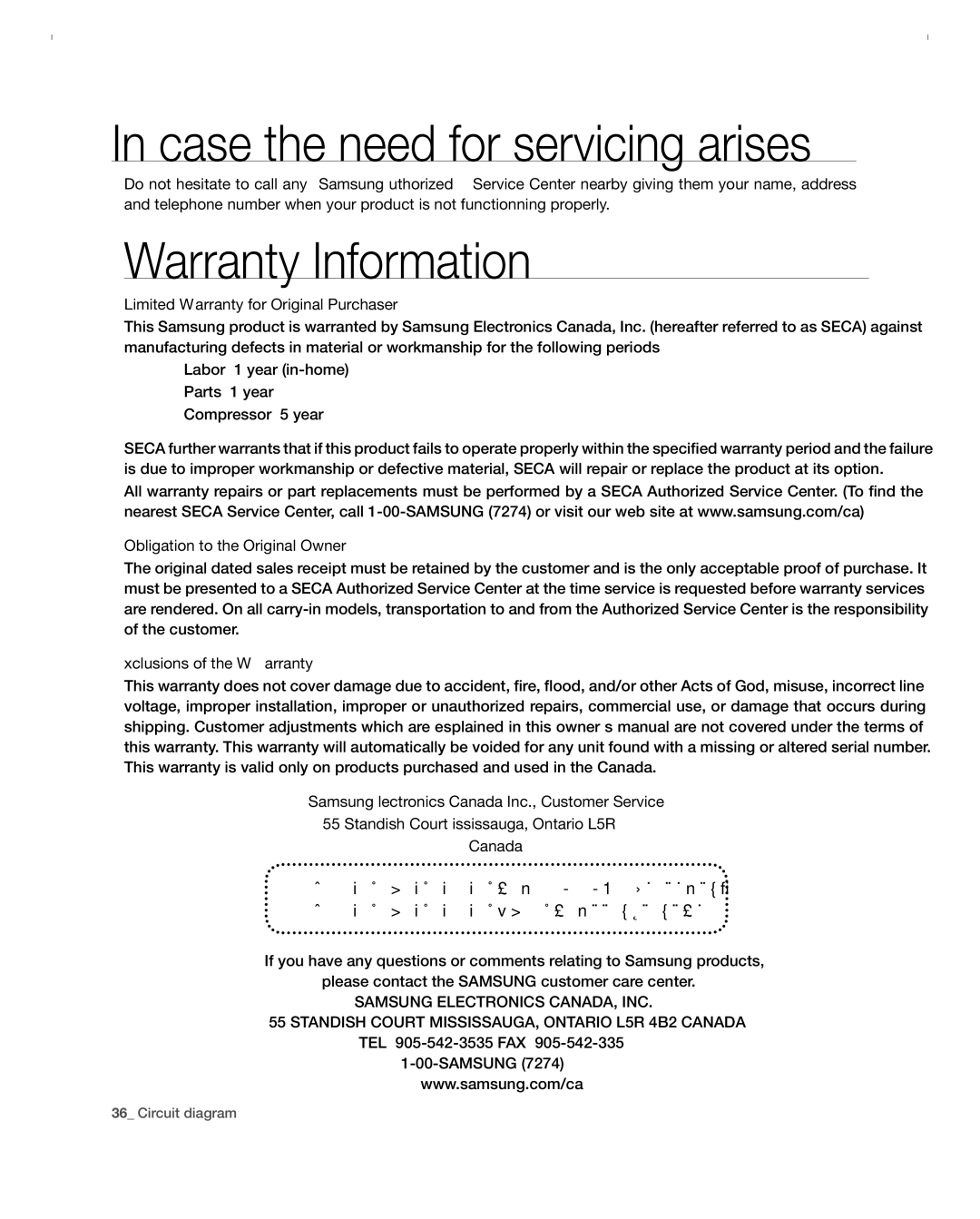 Samsung RFG297ACBP user manual Case the need for servicing arises 