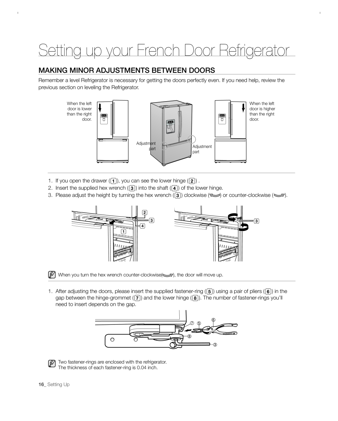 Samsung RFG297ACBP user manual Making Minor Adjustments Between Doors, Setting up your French Door Refrigerator 