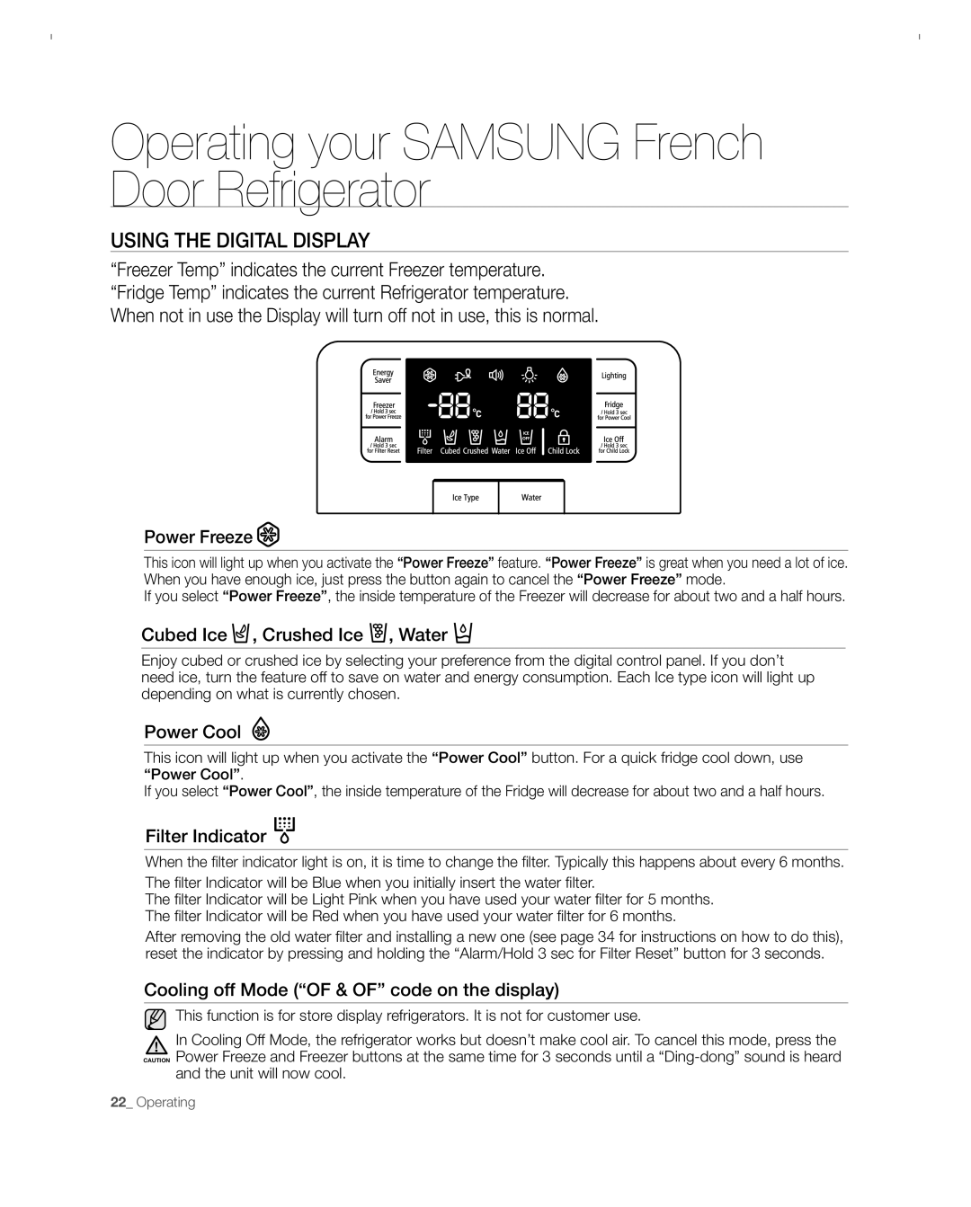 Samsung RFG297ACBP Using The Digital Display, Operating your SAMSUNG French Door Refrigerator, Power Freeze, Power Cool 