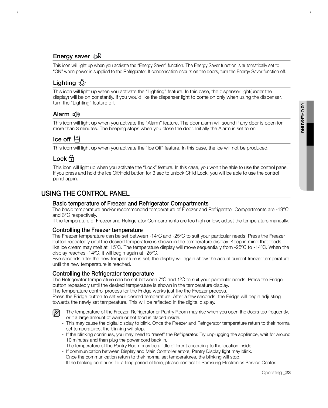 Samsung RFG297ACBP user manual Using the control panel, Energy saver, Lighting, Alarm, Ice off, Lock 