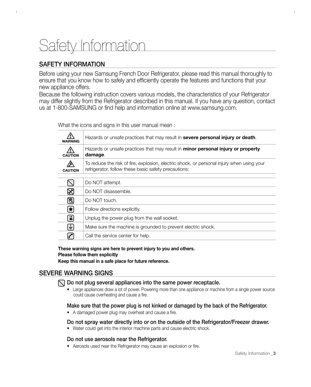 Samsung RFG297AC Safety Information, Severe Warning Signs, Do not plug several appliances into the same power receptacle 