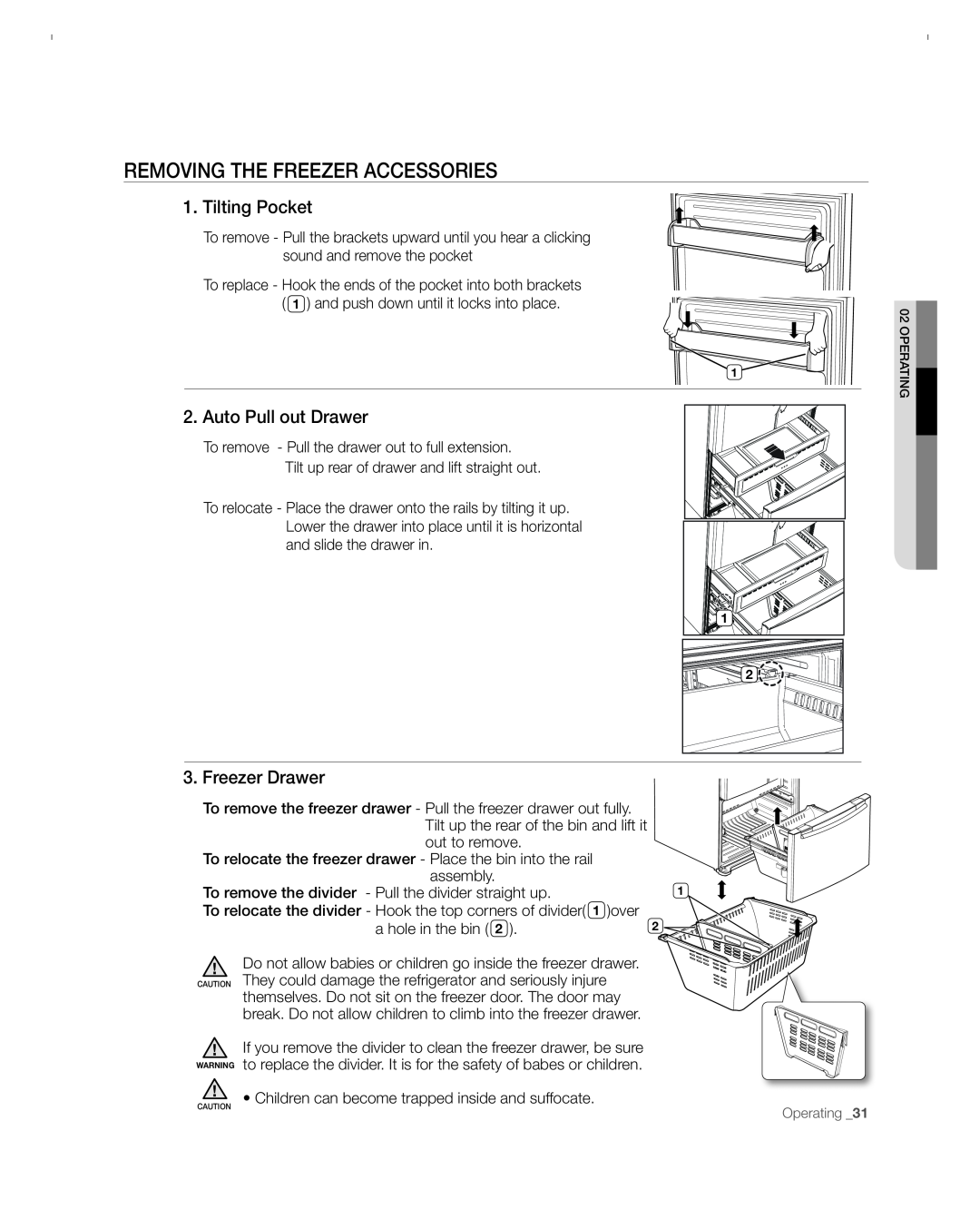 Samsung RFG297ACBP user manual Removing The Freezer Accessories, Tilting Pocket, Auto Pull out Drawer, Freezer Drawer 