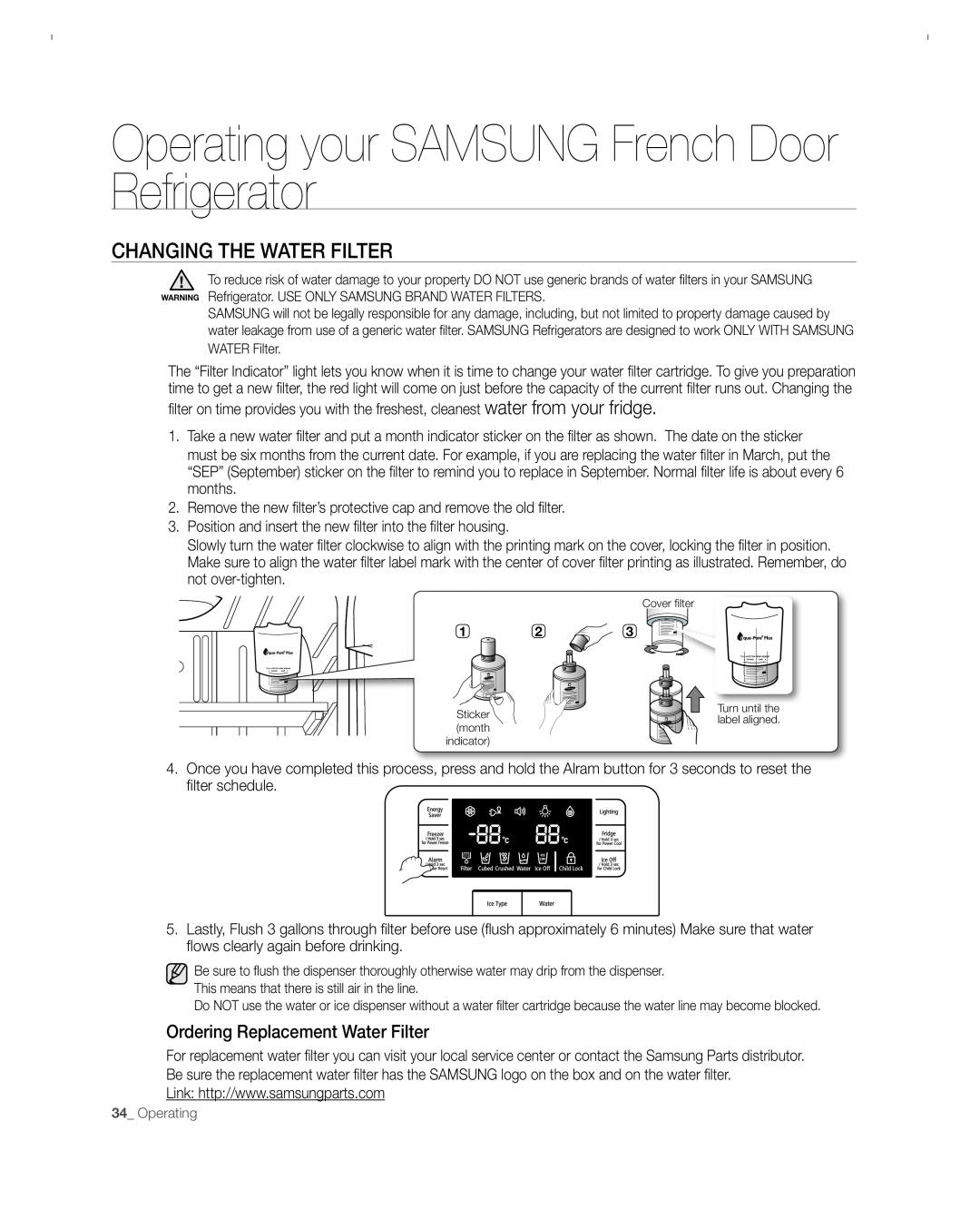 Samsung RFG297ACBP user manual CHAnGinG tHE wAtER FiLtER, Operating your SAMSUNG French Door Refrigerator 