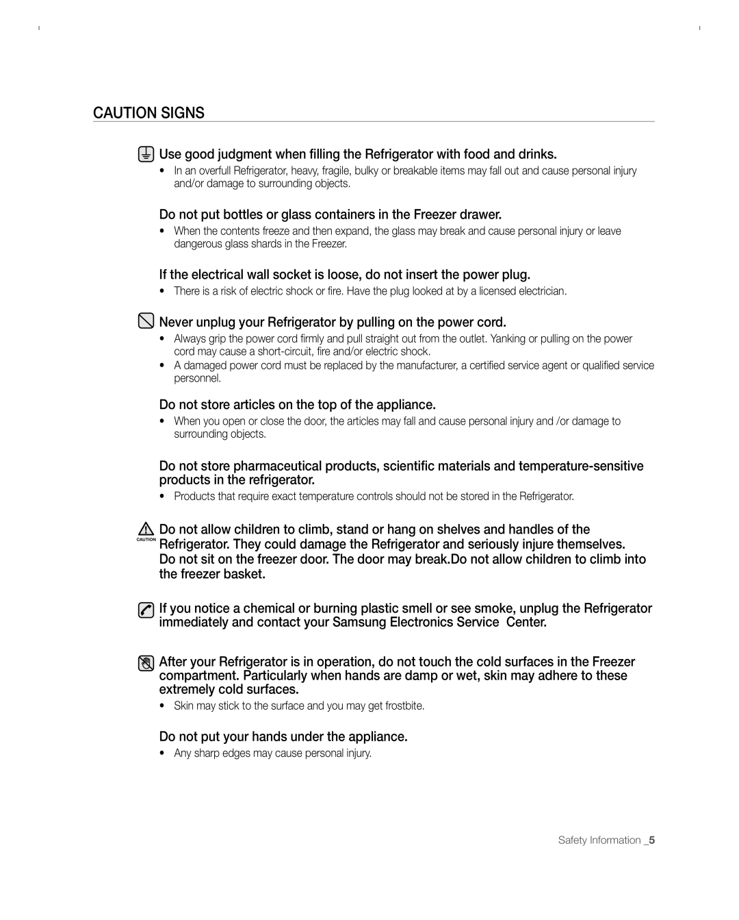 Samsung RFG297ACBP user manual Caution Signs 