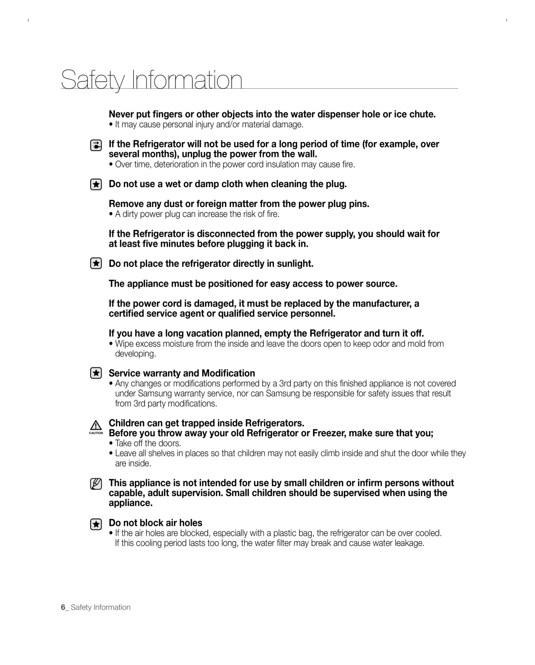 Samsung RFG297ACBP user manual Safety Information 