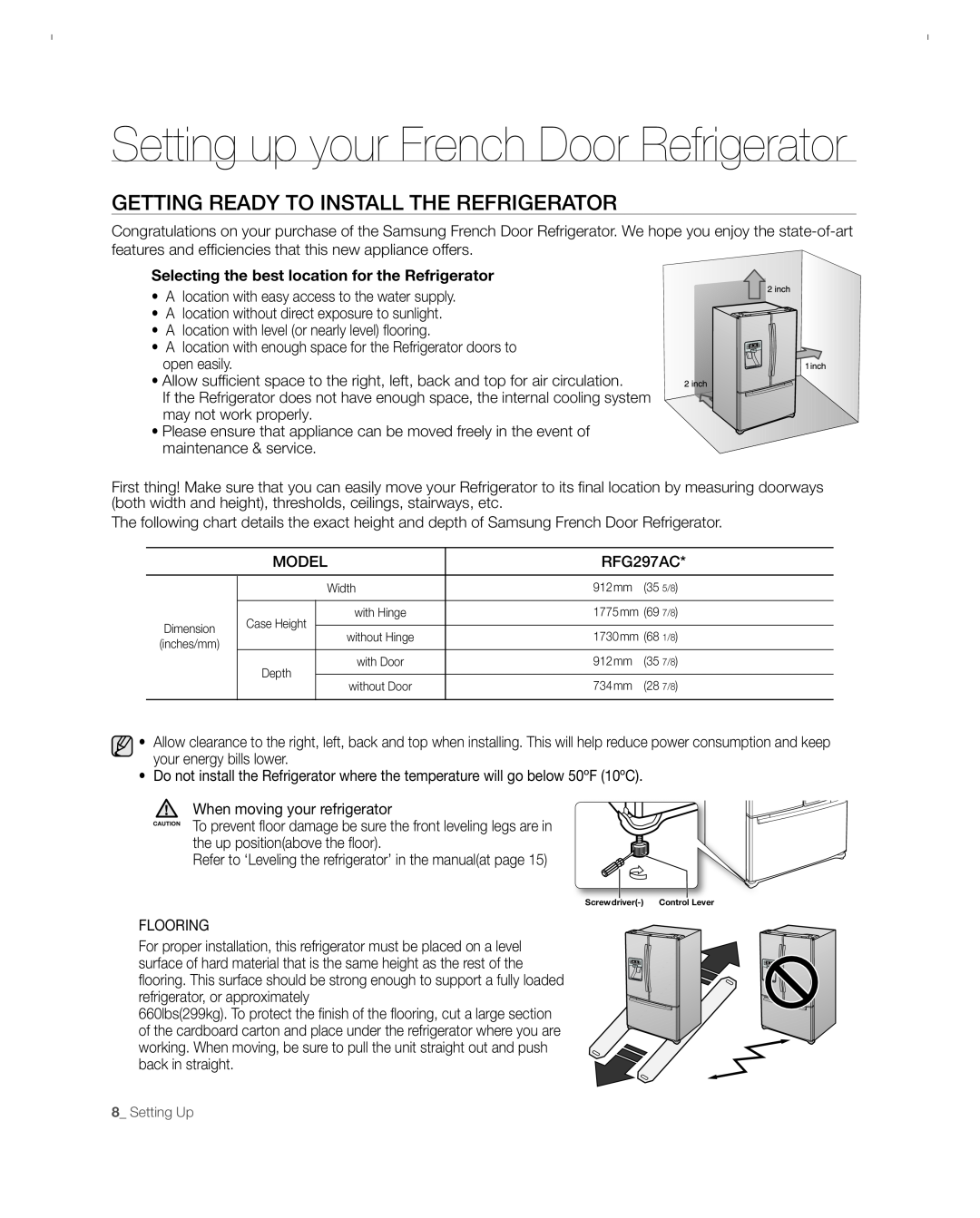 Samsung RFG297ACBP user manual Setting up your French Door Refrigerator, GEttinG READy to instALL tHE REFRiGERAtoR 