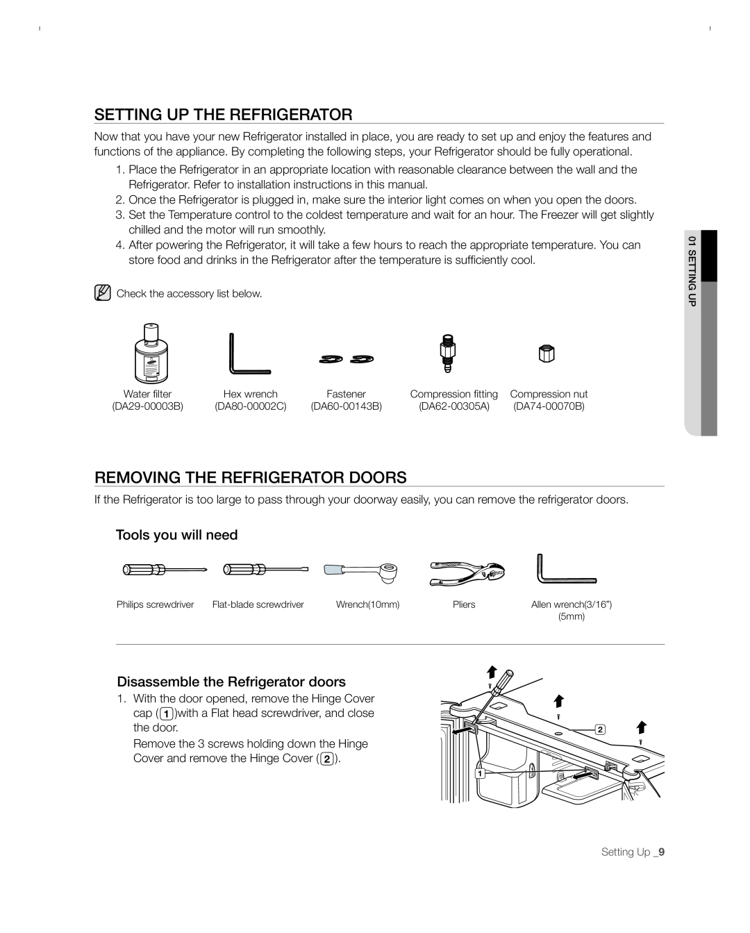 Samsung RFG297ACBP user manual setting uP tHe ReFRigeRAtoR, Removing the refrigerator doors, Tools you will need 