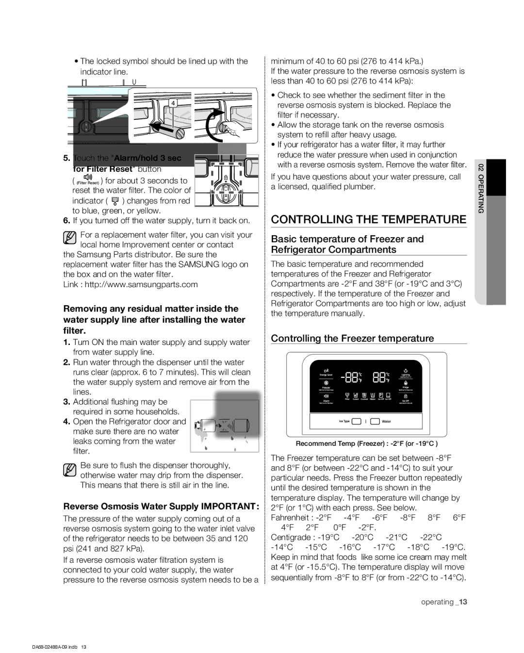 Samsung RFG29PHDRS, RFG297HDWP Controlling the Temperature, Basic temperature of Freezer Refrigerator Compartments 