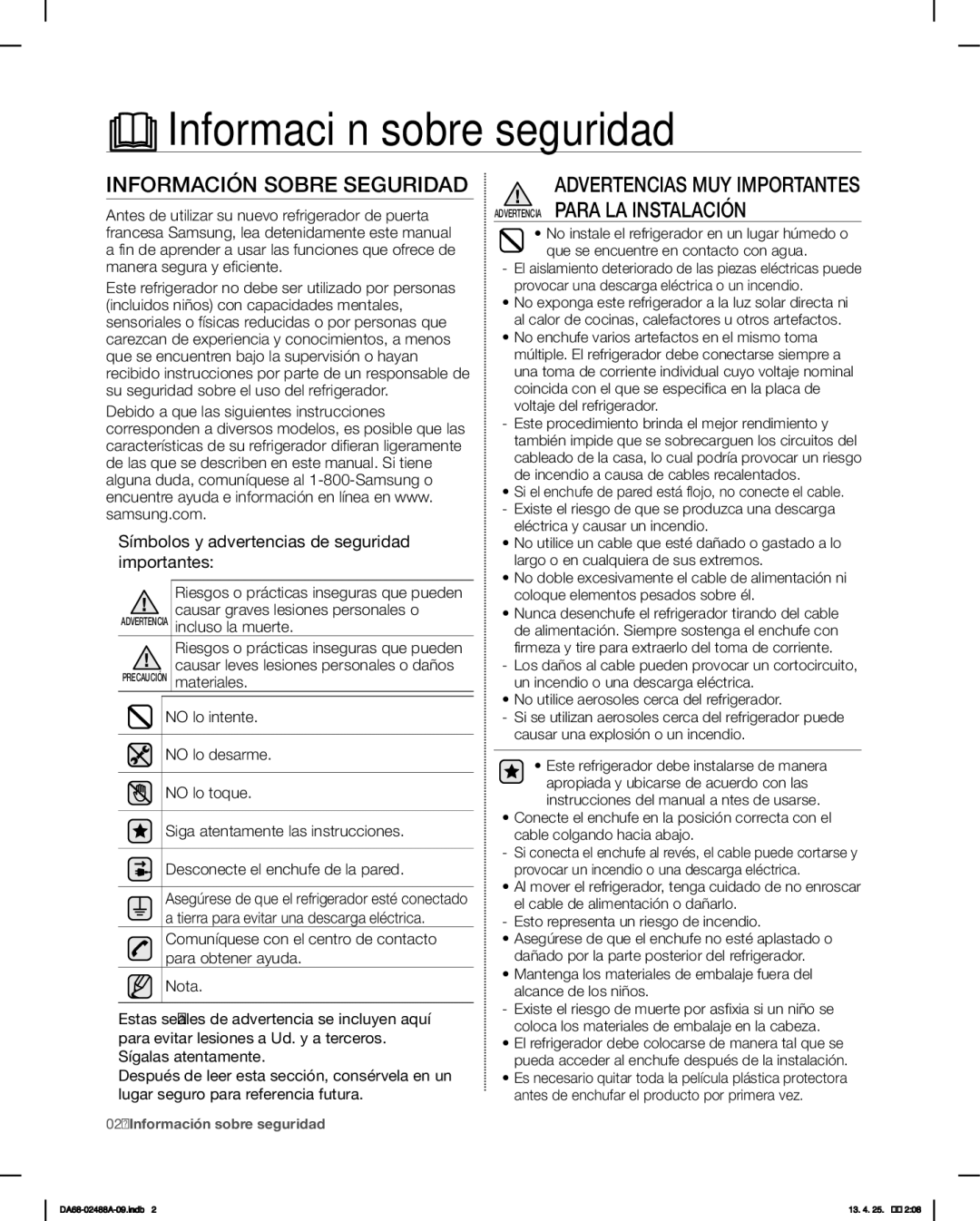 Samsung RFG297HDWP, RFG29PHDRS, RFG297HDBP, RFG297HDRS user manual Información sobre seguridad, Información Sobre Seguridad 