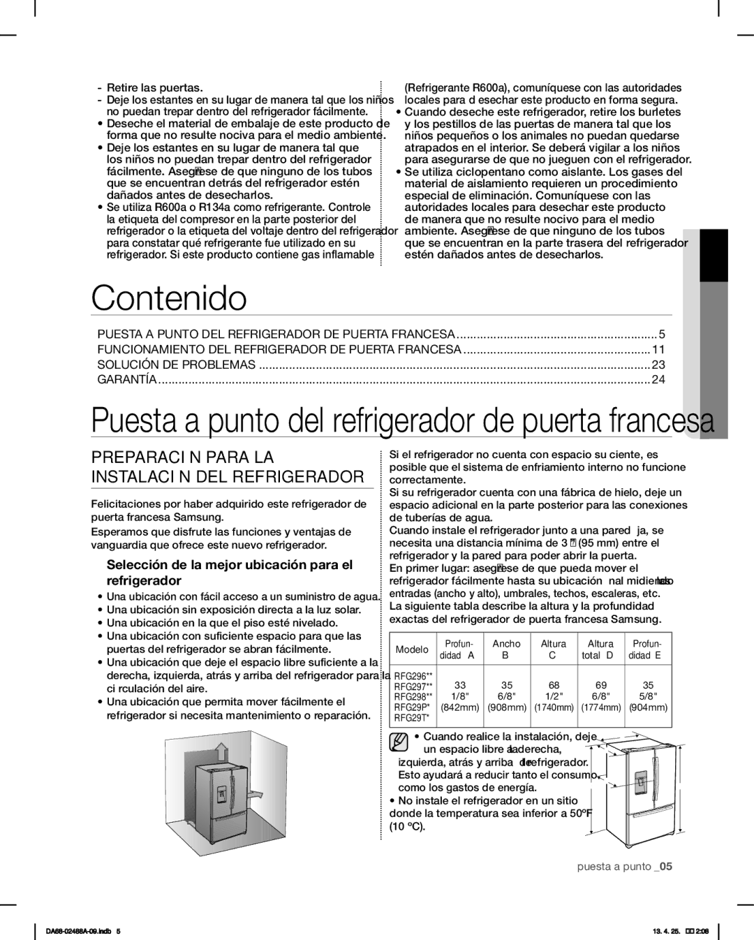 Samsung RFG297HDRS, RFG297HDWP, RFG29PHDRS, RFG297HDBP user manual Contenido, Retire las puertas, Modelo 