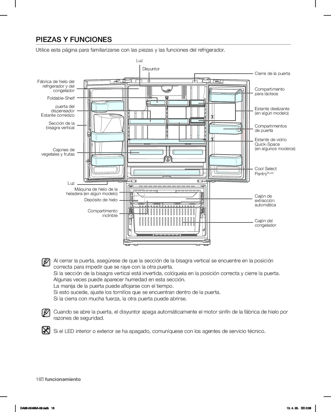 Samsung RFG297HDBP, RFG297HDWP, RFG29PHDRS, RFG297HDRS Piezas Y Funciones, Depósito de hielo, Compartimento, Inclinble 