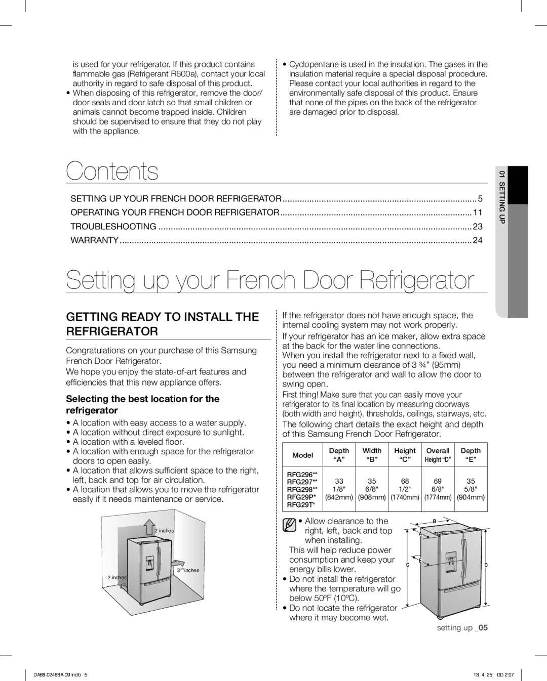 Samsung RFG29PHDRS, RFG297HDWP, RFG297HDBP, RFG297HDRS user manual Contents 