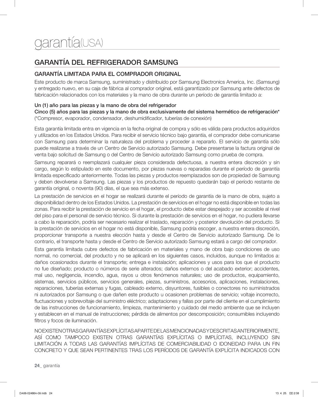 Samsung RFG297HDBP, RFG297HDWP, RFG29PHDRS, RFG297HDRS user manual GarantíaUSA, Garantía DEL Refrigerador Samsung 