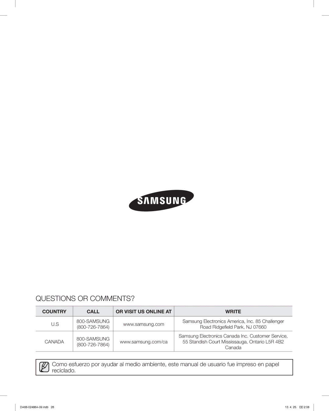 Samsung RFG297HDWP Samsung Electronics America, Inc Challenger, Samsung Electronics Canada Inc. Customer Service 