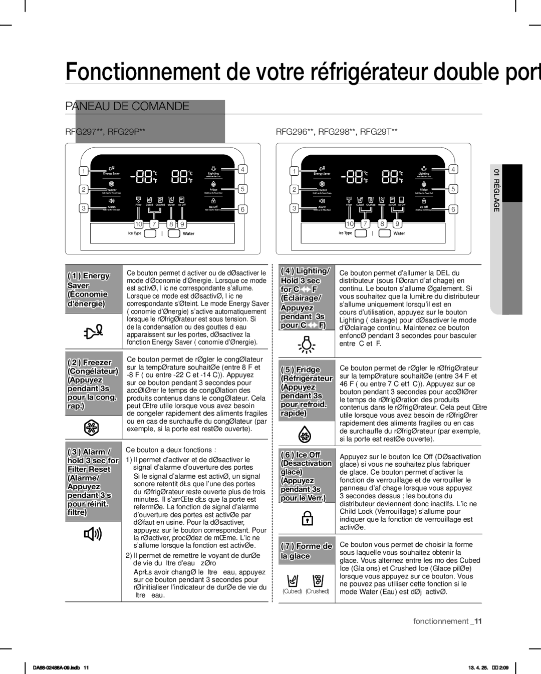 Samsung RFG297HDRS, RFG297HDWP, RFG29PHDRS, RFG297HDBP user manual Paneau DE Comande 