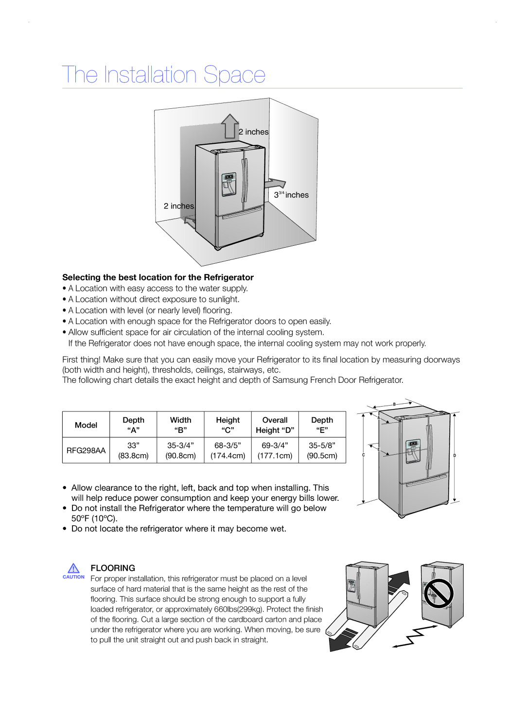 Samsung RFG298AAPN quick start Installation Space, Depth Width Height Overall Model Height D 