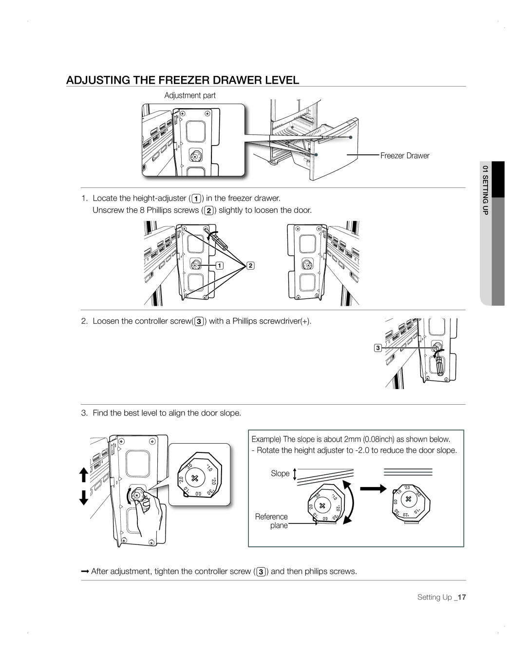 Samsung RFG298AARS user manual Adjusting the Freezer Drawer Level, Adjustment part Freezer Drawer 