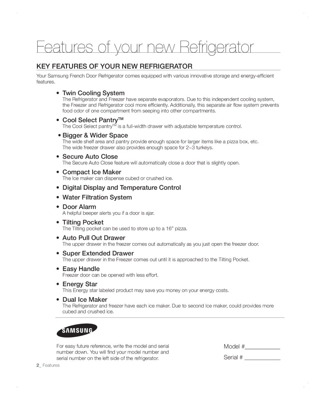 Samsung RFG298AARS user manual Key features of your new refrigerator, Model #, Serial # 