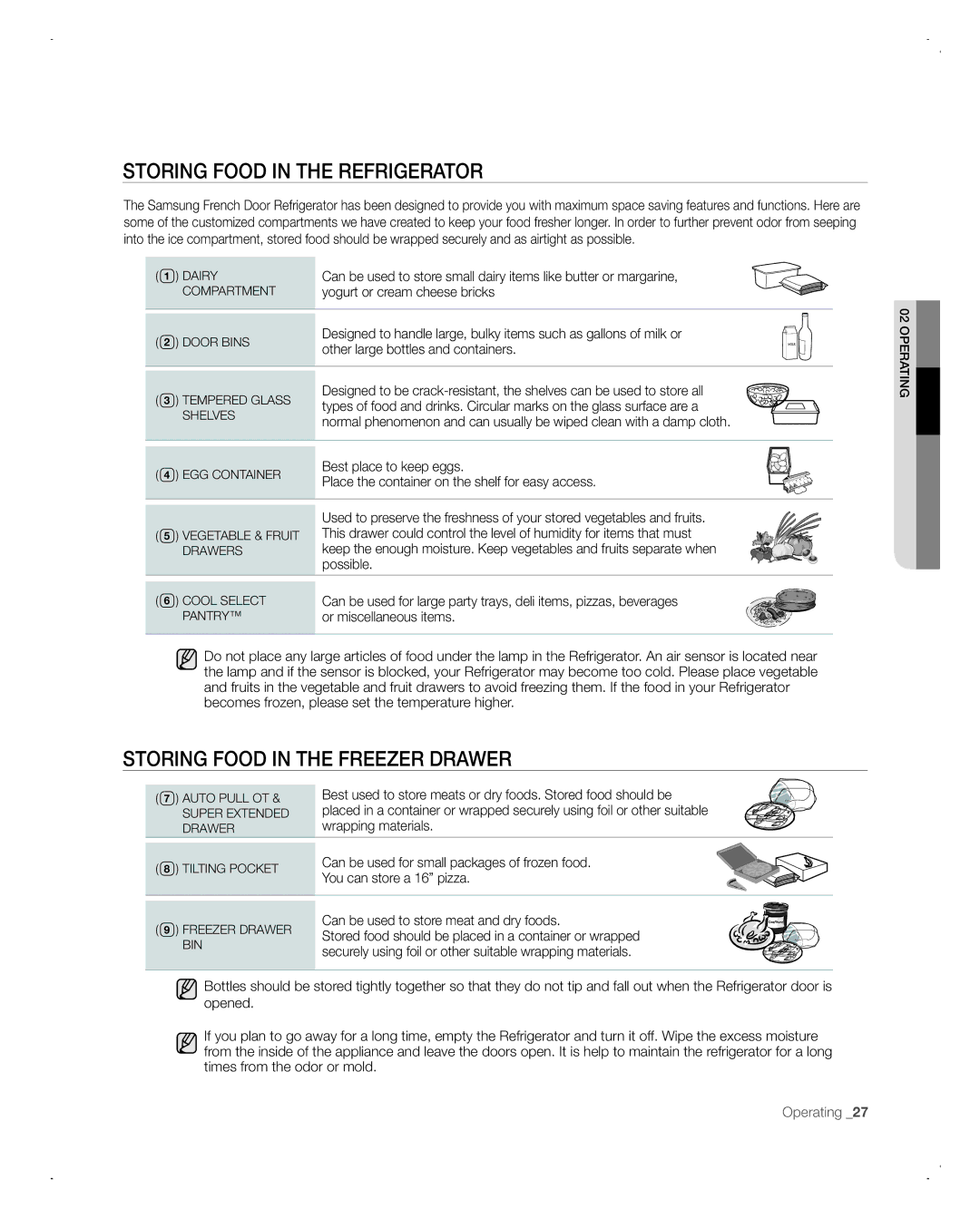 Samsung RFG298AARS user manual Storing Food in the Refrigerator, Storing Food in the Freezer Drawer 