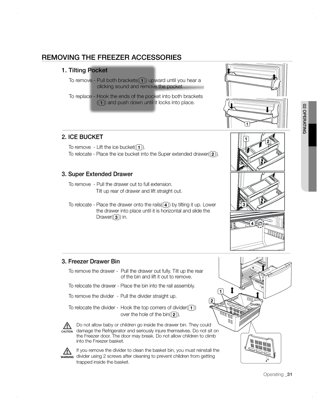 Samsung RFG298AARS user manual Removing the Freezer Accessories, Tilting Pocket, Super Extended Drawer, Freezer Drawer Bin 