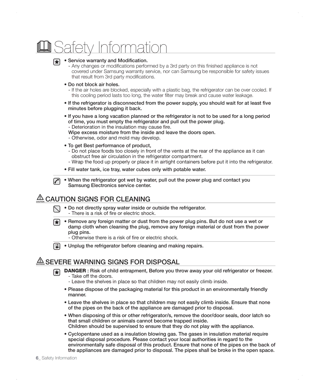 Samsung RFG298AARS user manual Safety Information 