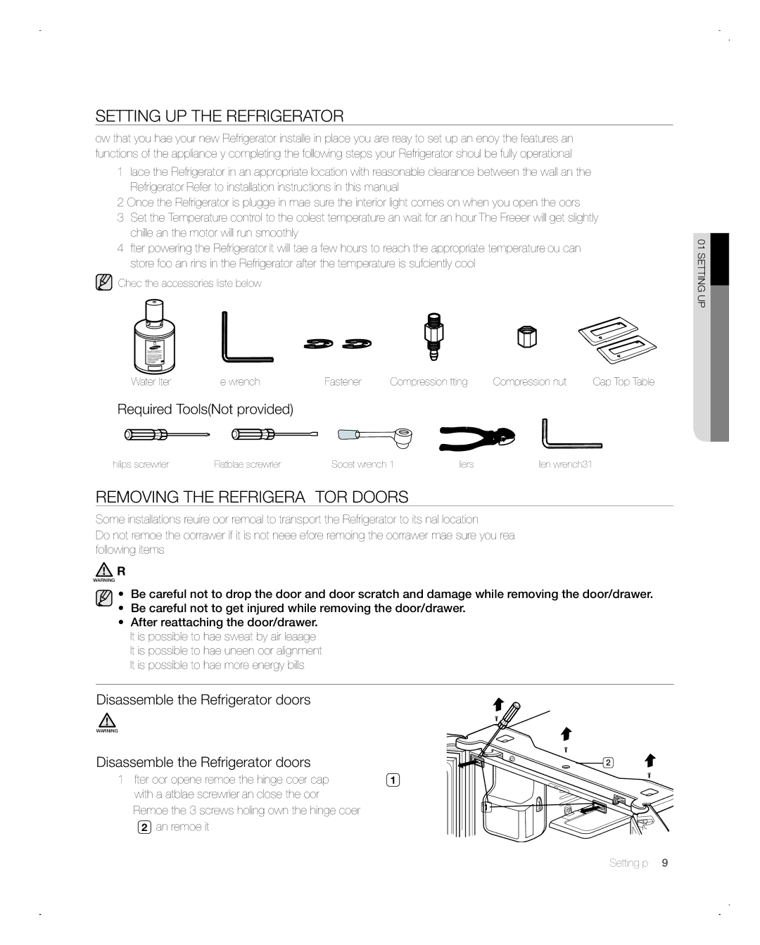 Samsung RFG298AARS user manual Setting uP tHe ReFRigeRAtoR, Removing the refrigerator doors, Required ToolsNot provided 