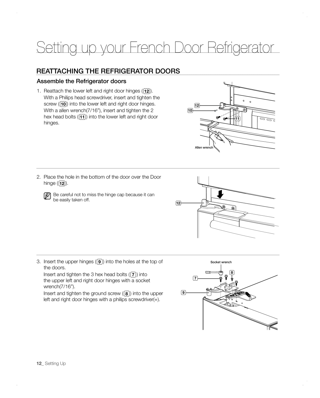 Samsung RFG298AARS user manual REAttACHinG tHE REFRiGERAtoR DooRs, Setting up your French Door Refrigerator 
