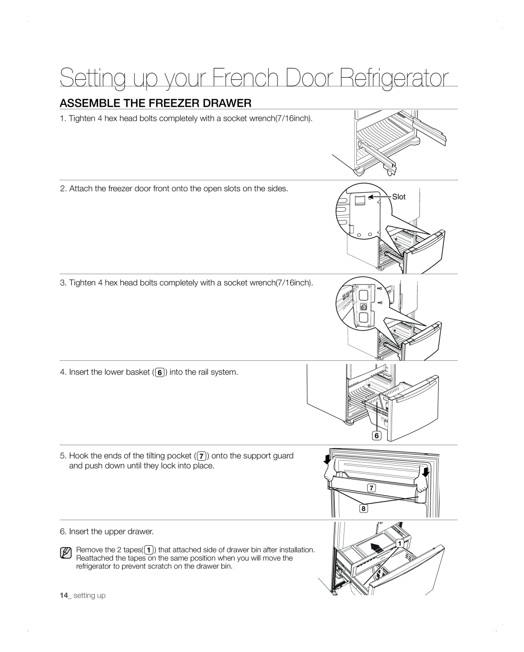 Samsung RFG298AARS user manual assemble the freezer drawer, Setting up your French Door Refrigerator 