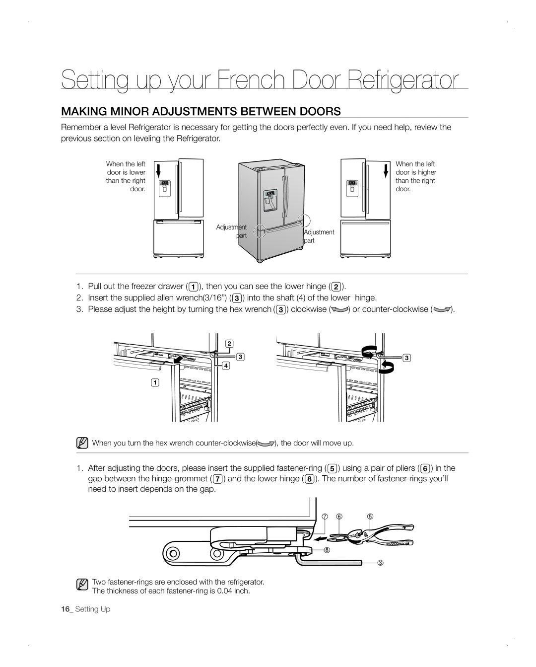 Samsung RFG298AARS user manual Making Minor Adjustments Between Doors, Setting up your French Door Refrigerator 