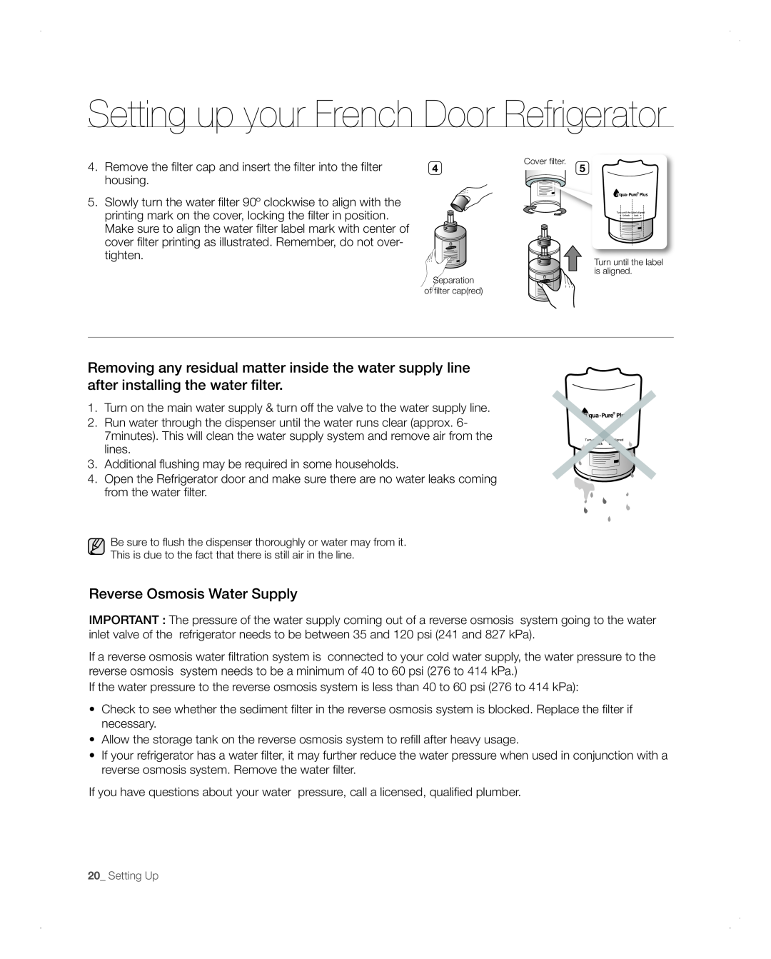 Samsung RFG298AARS user manual Setting up your French Door Refrigerator, Reverse Osmosis Water Supply 