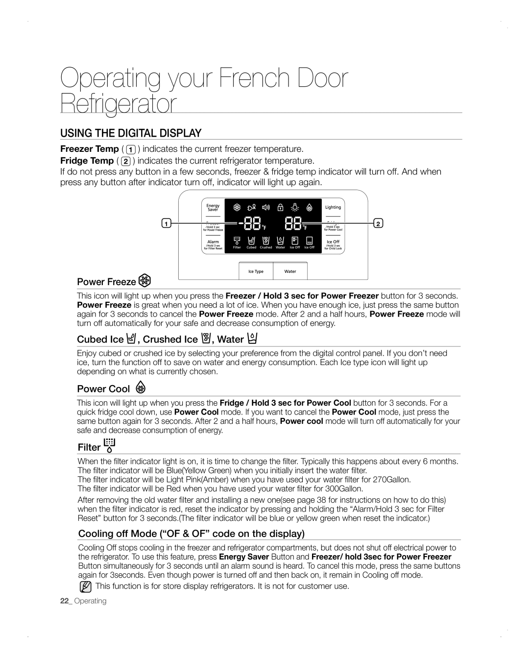 Samsung RFG298AARS Using The Digital Display, Operating your French Door Refrigerator, Power Freeze, Power Cool, Filter 