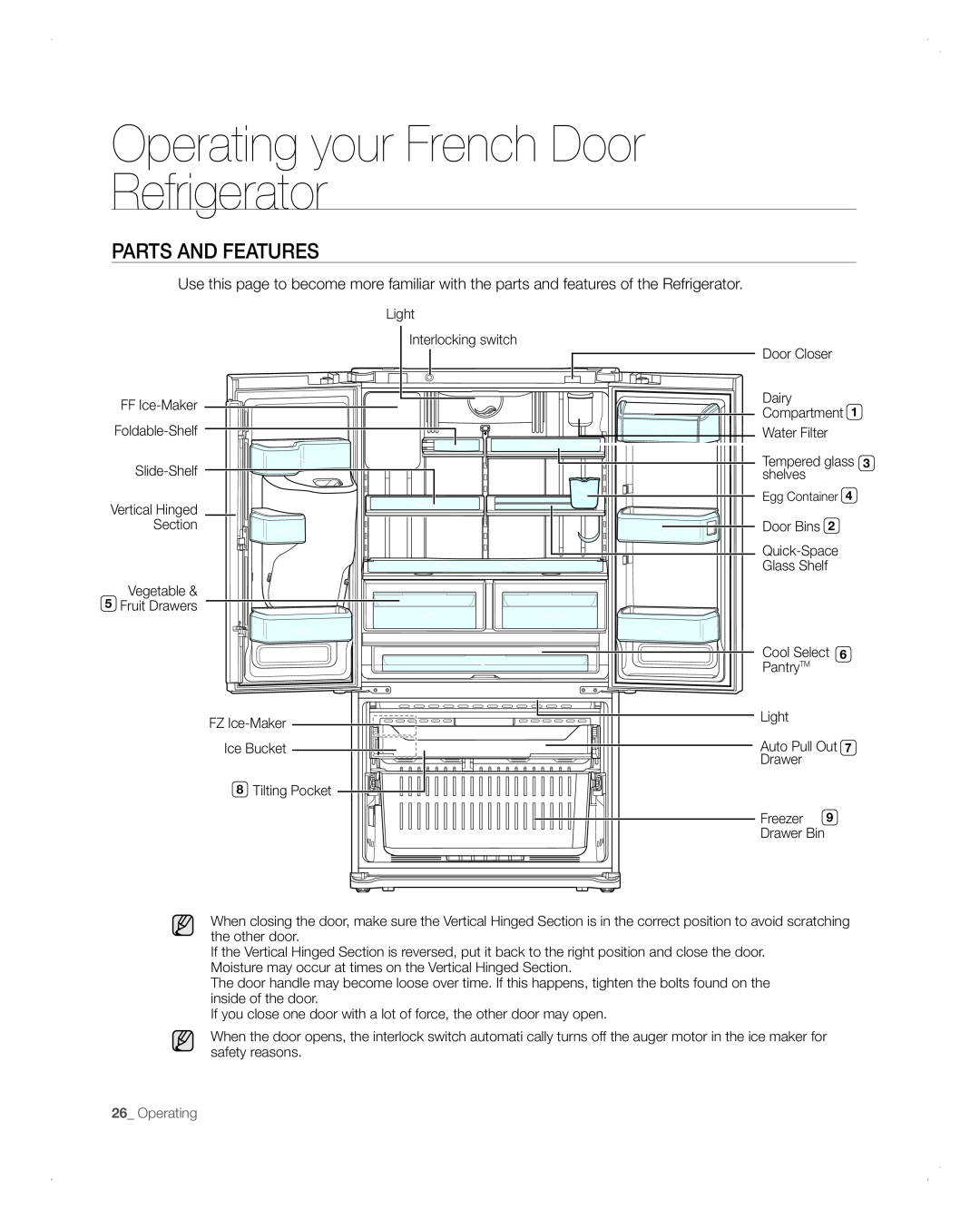 Samsung RFG298AARS user manual Parts And Features, Operating your French Door Refrigerator 