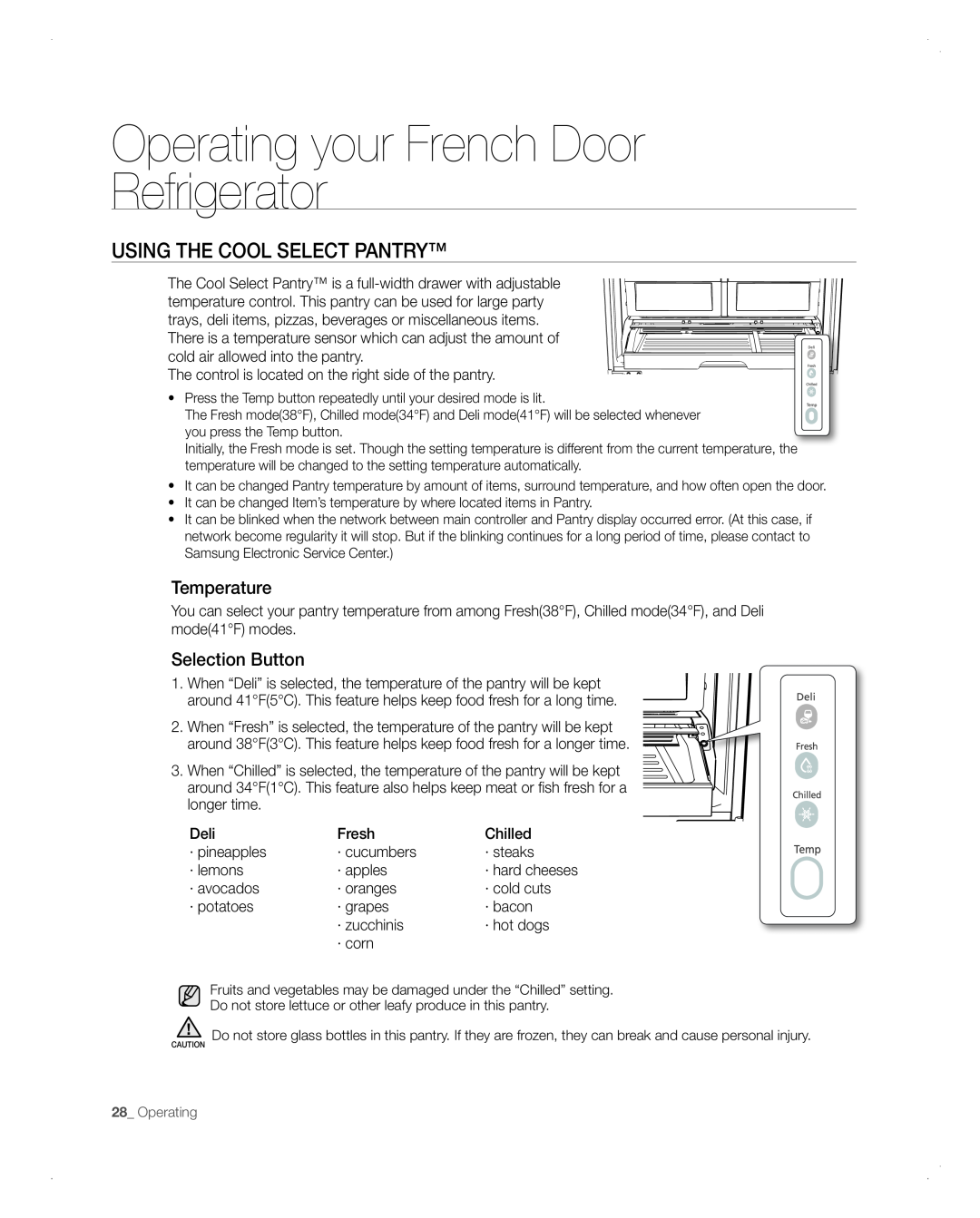 Samsung RFG298AARS Using The Cool Select Pantry, Operating your French Door Refrigerator, Temperature, Selection Button 