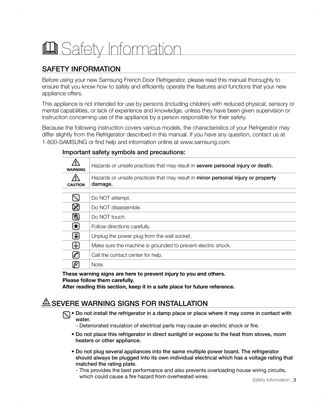 Samsung RFG298AARS user manual Safety Information, Warning Severe Warning Signs For Installation 