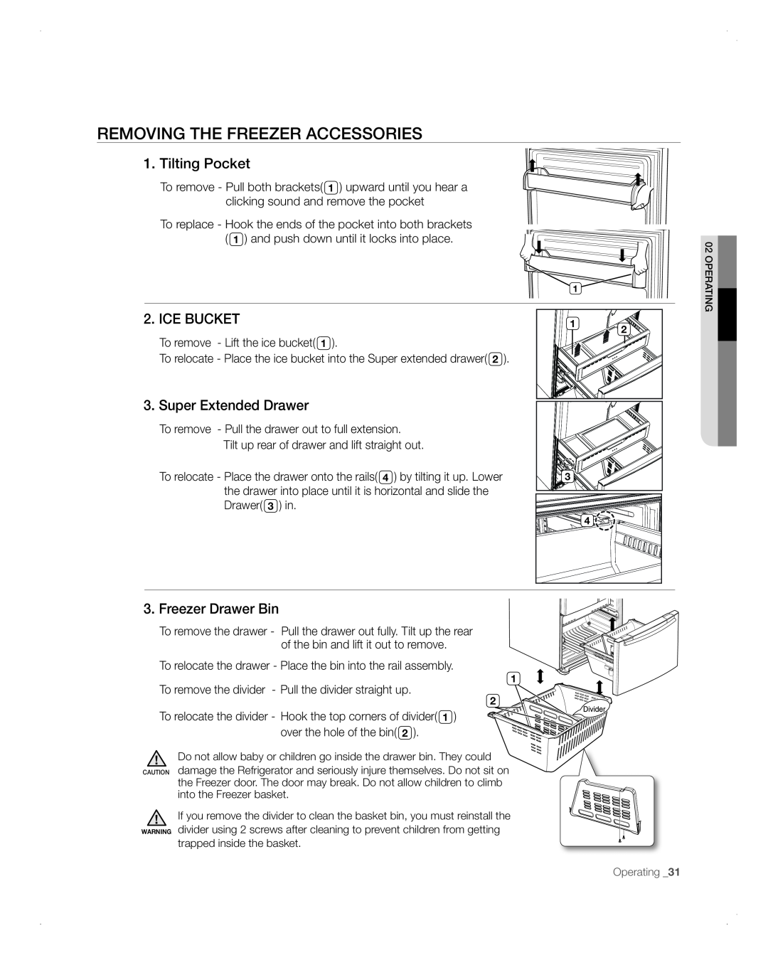 Samsung RFG298AARS Removing The Freezer Accessories, Tilting Pocket, Ice Bucket, Super Extended Drawer, Freezer Drawer Bin 
