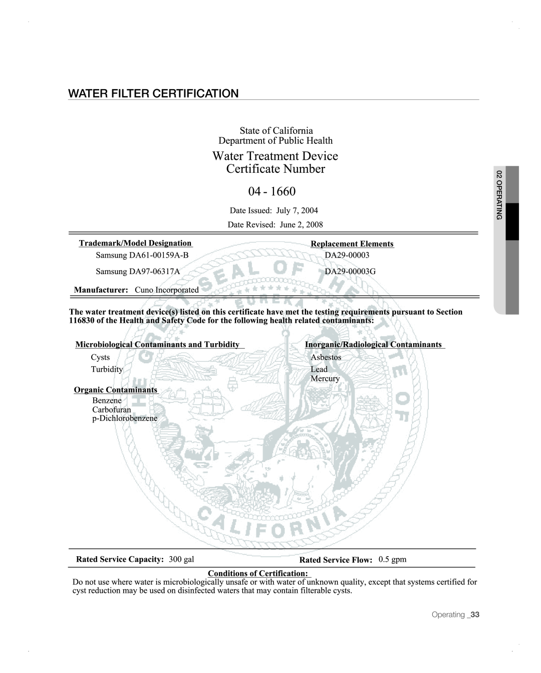 Samsung RFG298AARS user manual Water Filter Certification, Operating 