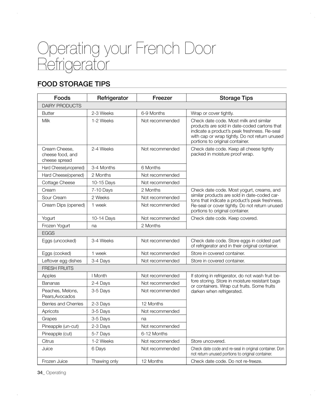 Samsung RFG298AARS user manual Food Storage Tips, Operating your French Door Refrigerator, Foods, Freezer 