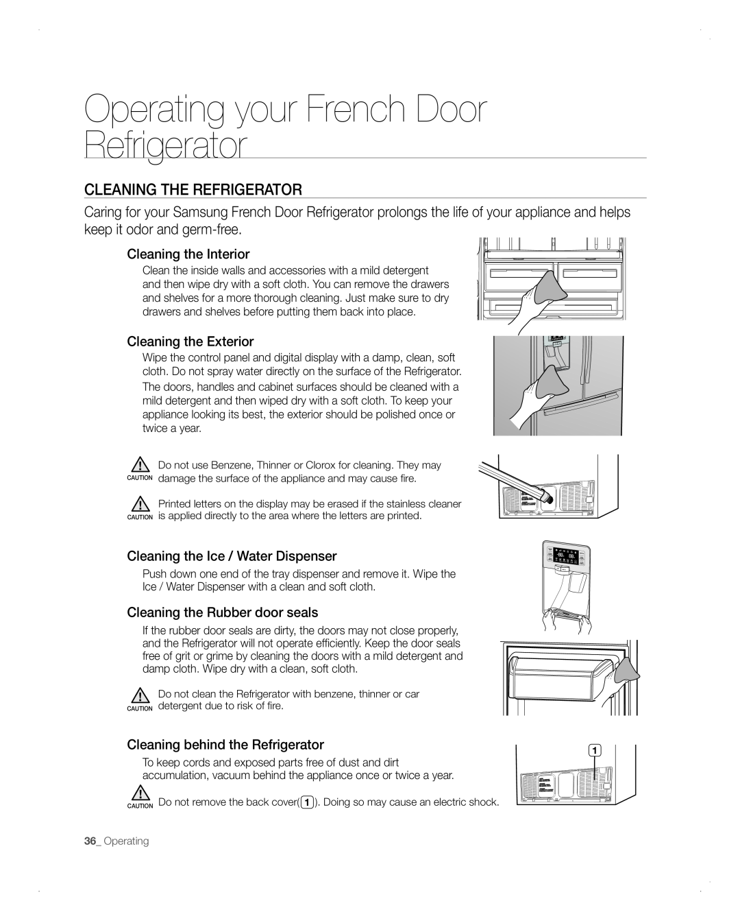 Samsung RFG298AARS user manual CLEAninG tHE REFRiGERAtoR, Operating your French Door Refrigerator, Cleaning the Interior 