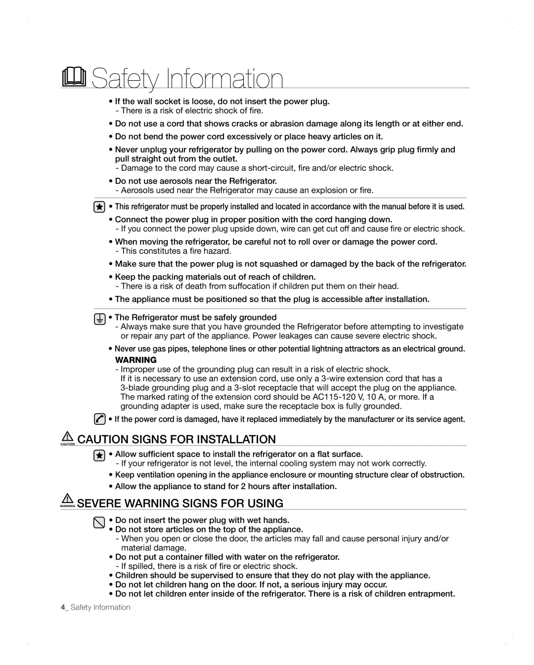 Samsung RFG298AARS CAUTION CAUTION SIGNS for INSTALLATION, WARNING SEVERE WARNING SIGNS for USING, Safety Information 