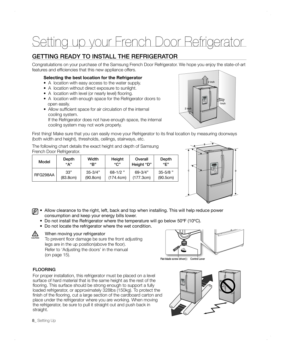 Samsung RFG298AARS user manual Setting up your French Door Refrigerator, GEttinG READy to instALL tHE REFRiGERAtoR 
