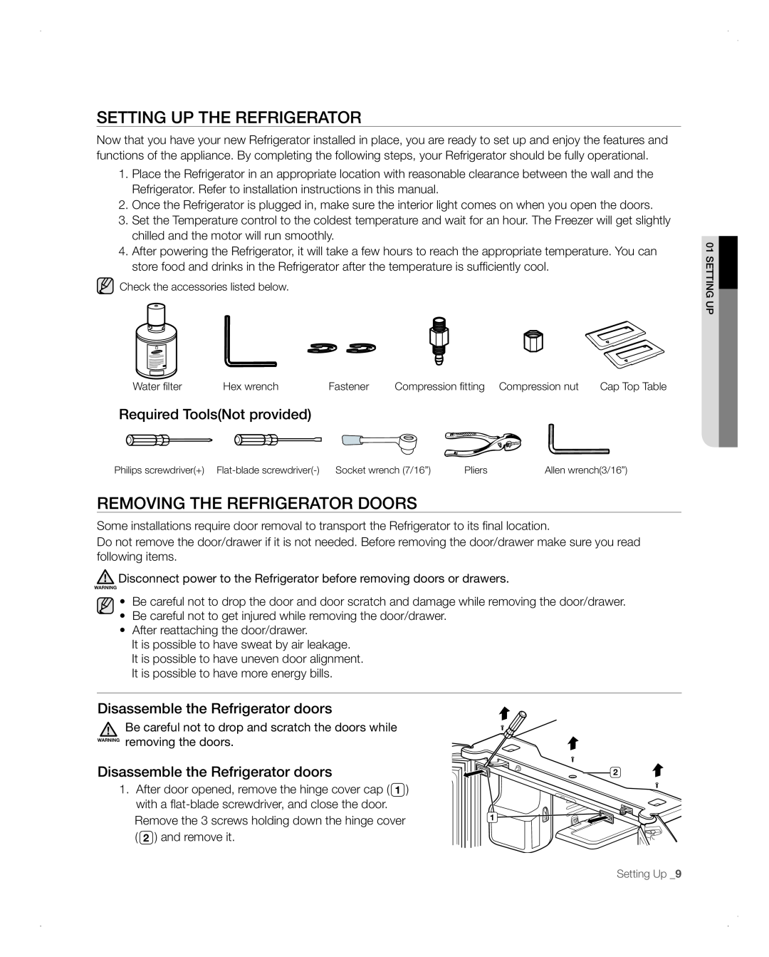Samsung RFG298AARS user manual setting uP tHe ReFRigeRAtoR, Removing the refrigerator doors, Required ToolsNot provided 