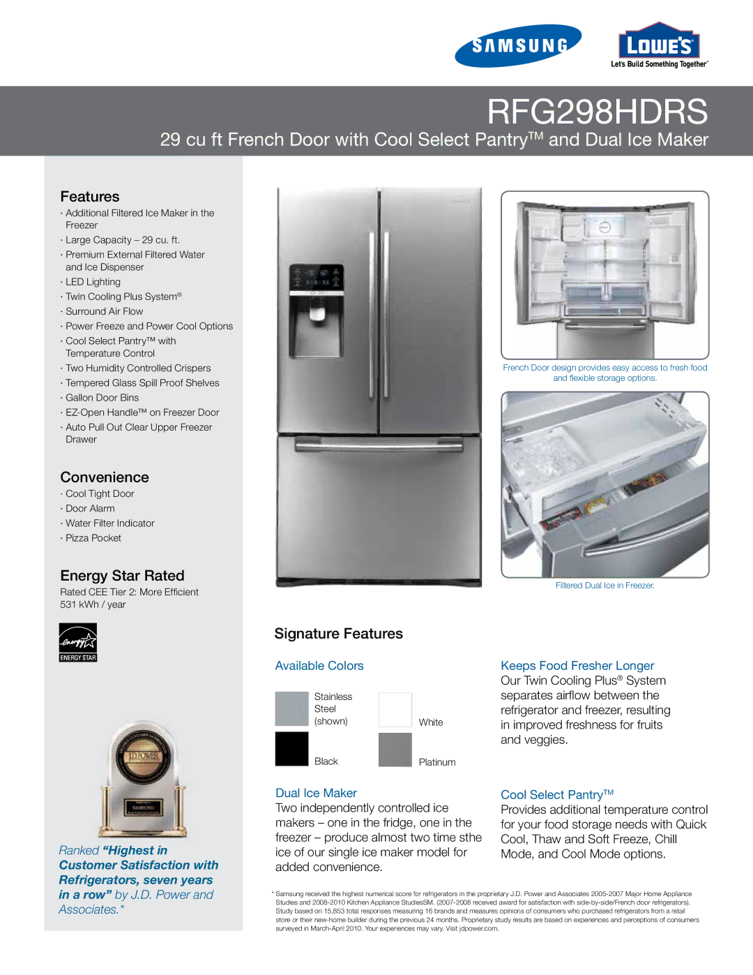 Samsung RFG298HDRS manual Convenience, Energy Star Rated, Signature Features 