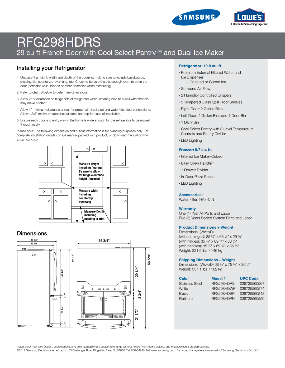 Samsung RFG298HDRS manual Installing your Refrigerator, Dimensions 