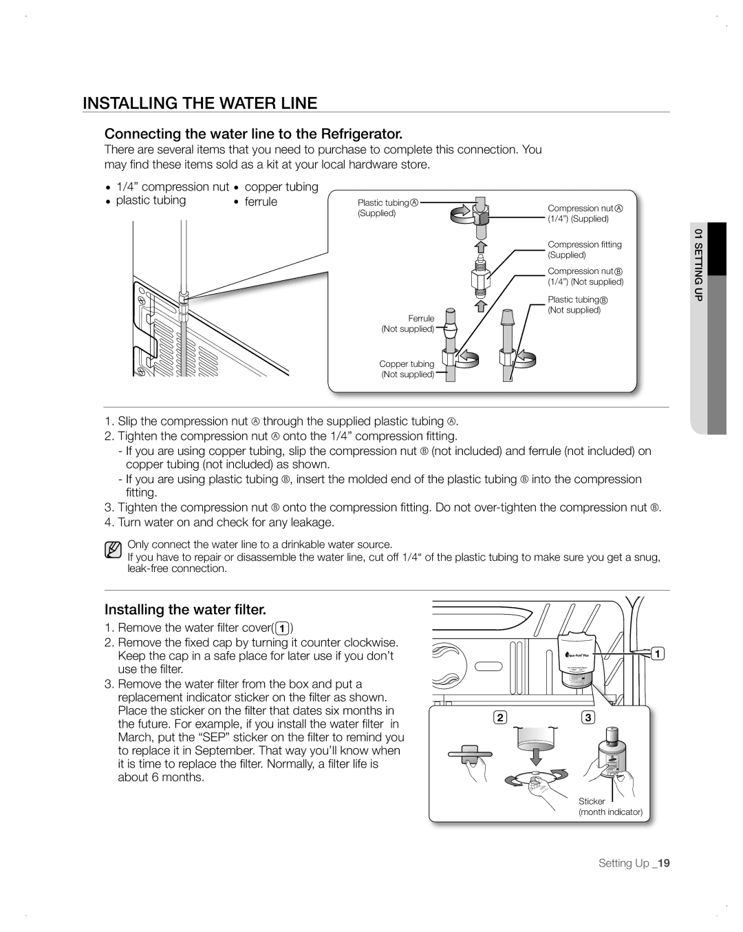 Samsung RFG299AA Installing the Water Line, Connecting the water line to the Refrigerator, Installing the water filter 